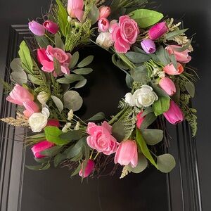 Spring Floral Wreath with Pink and White Flowers